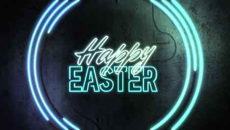 happy easter with blue neon circles on wall