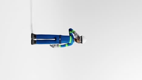 3d cartoon construction worker in blue uniform and helmet waving hand on white background. safety and labor occupation concept. design for banner, poster, greeting card, invitation