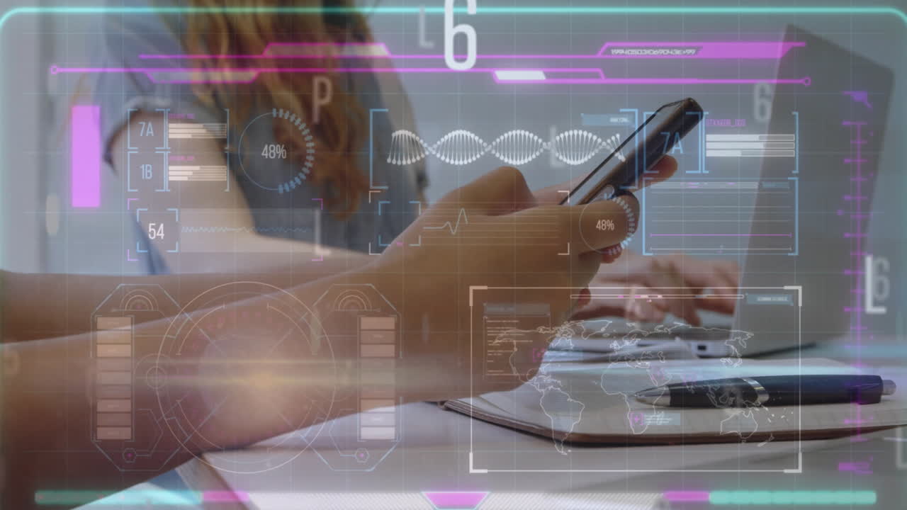 animación del procesamiento de datos sobre un hombre de negocios biracial que usa un teléfono inteligente