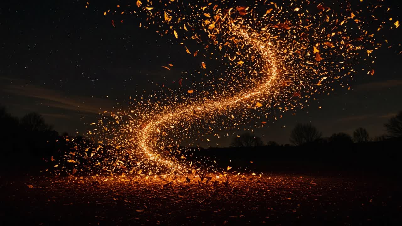 Spectacular Display of Spiraling Sparks and Falling Leaves in a Night Sky, Creating a Magical and Enchanting Scene Captured in Two Frames