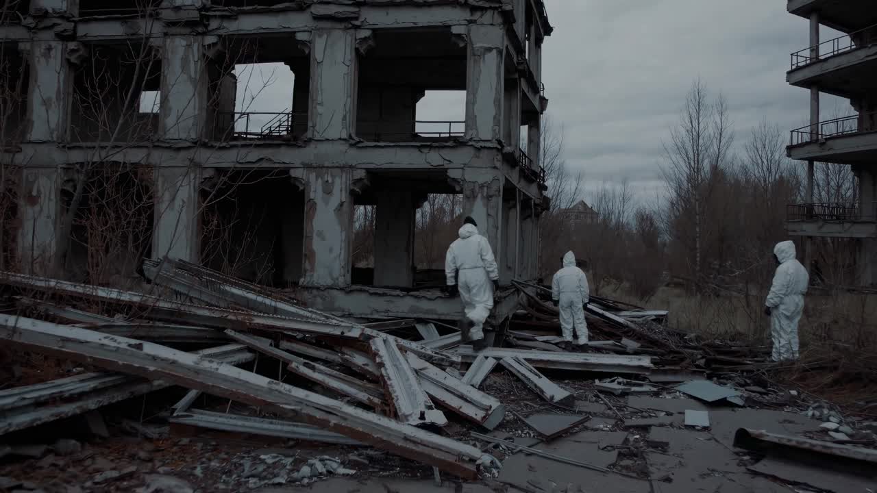 Un'inquadratura video grandangolare di un paesaggio desolato e post-apocalittico con edifici abbandonati
