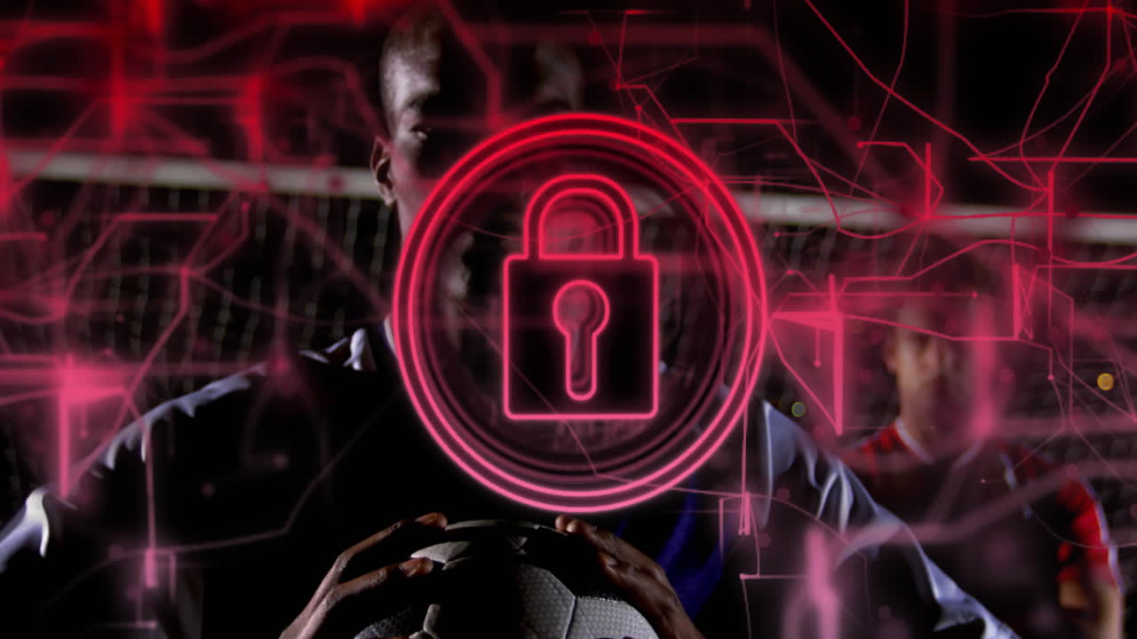 Digital lock animation over person holding soccer ball in dimly lit setting
