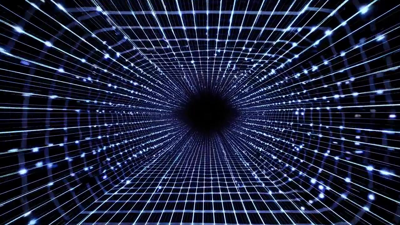 Futuristic Digital Grid Tunnel with Glowing Blue Lines and Moving Lights