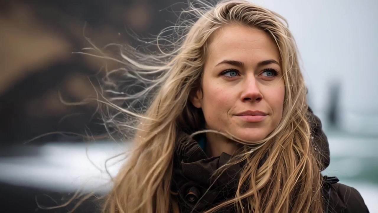 Filmisk nærbillede af en ung blond kvinde med hår, der blæser i vinden, iført en varm jakke udendørs ved en klippefyldt kystlinje på en kold, overskyet dag.