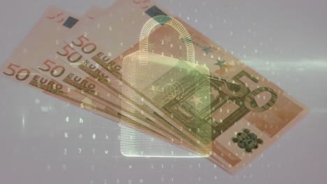 animation of numbers and security padlock over falling euro banknotes