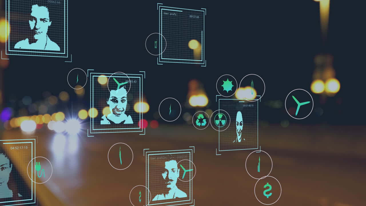 Animation of biometric portraits and data processing over cityscape