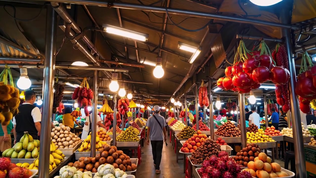 Persona caminando por un vibrante mercado de frutas tropicales