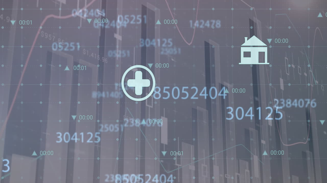 통계 데이터 처리, 디지털 아이콘 및 회색 배경에 변화하는 숫자의 애니메이션