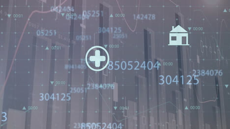 animation of statistical data processing, digital icons and changing numbers against grey background