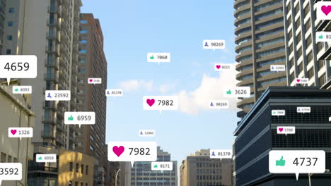 animation of social media icons and numbers on banners over cityscape