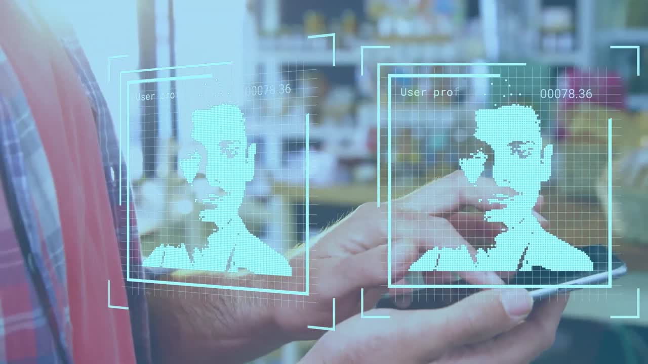 Animation of multiple profile icons with data processing over mid section of a man using smartphone