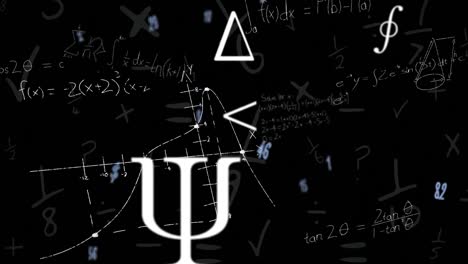 animation of mathematical equations and school icons on black background