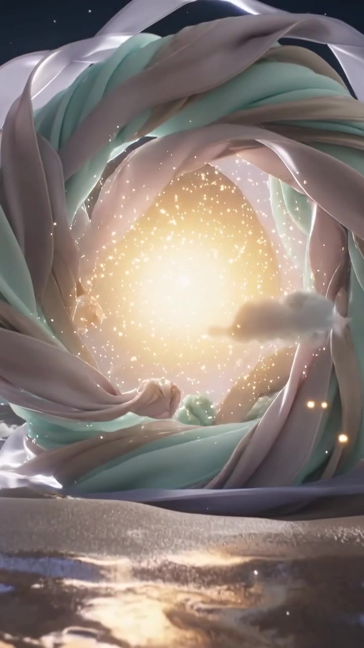 Vertical video: Moving camera guiding pastel ribbons spiraling to golden core above sea with sparks