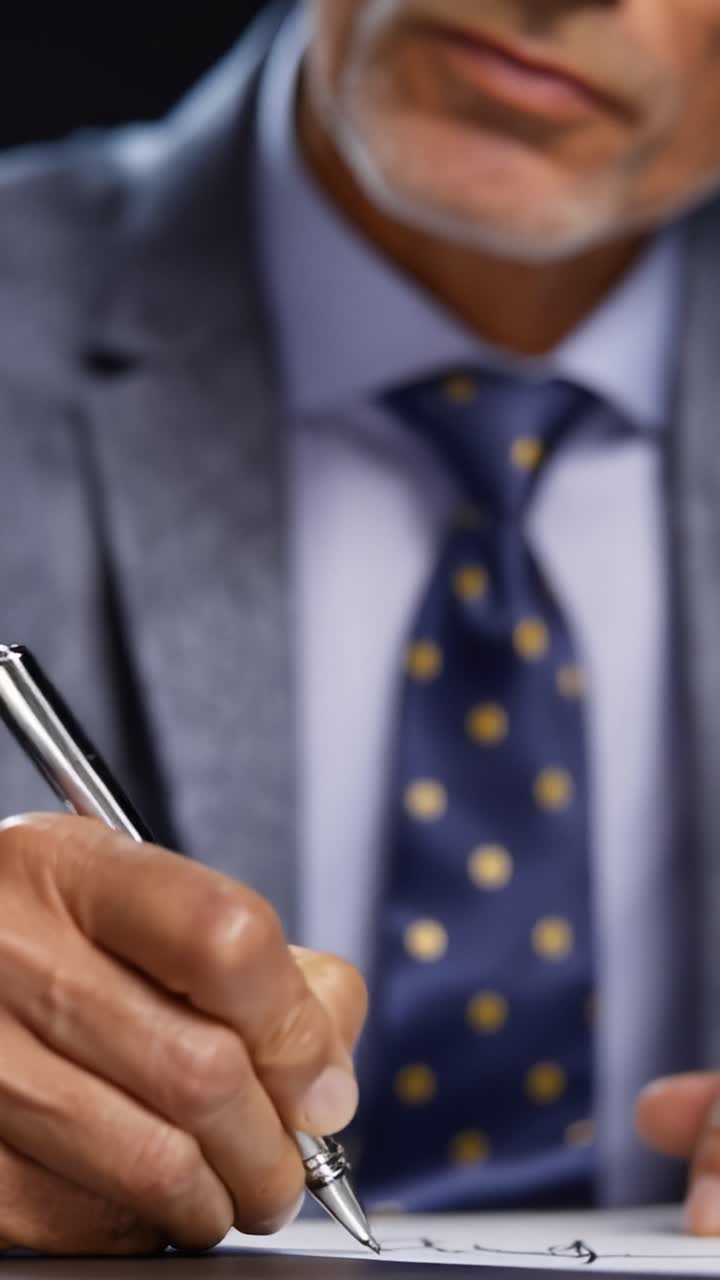 Un uomo firma un documento con un'espressione concentrata. Abito e cravatta indicano un ambiente professionale. Il movimento della mano trasmette impegno o accordo. Ideale per scenari aziendali, legali o contrattuali.