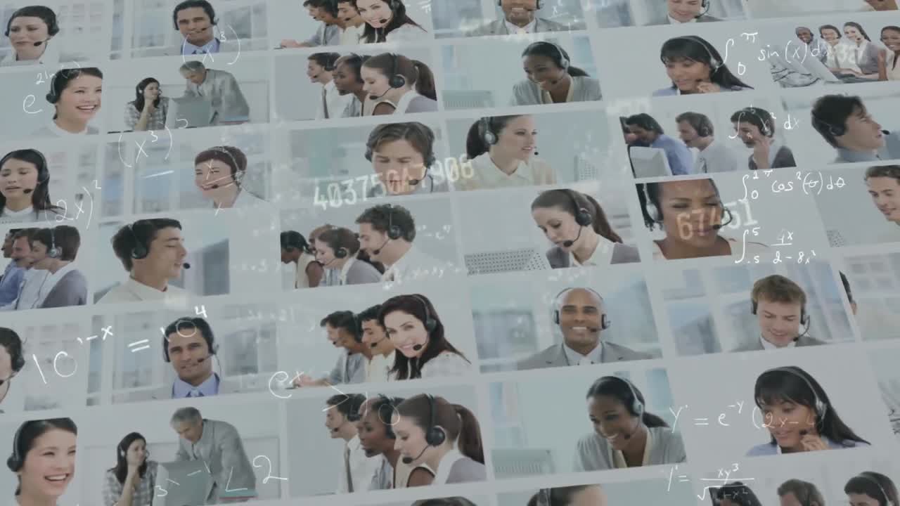 전화 헤드 ⁇ 을 착용 한 사업가 들 위 에서 번호 를 바꾸는 애니메이션