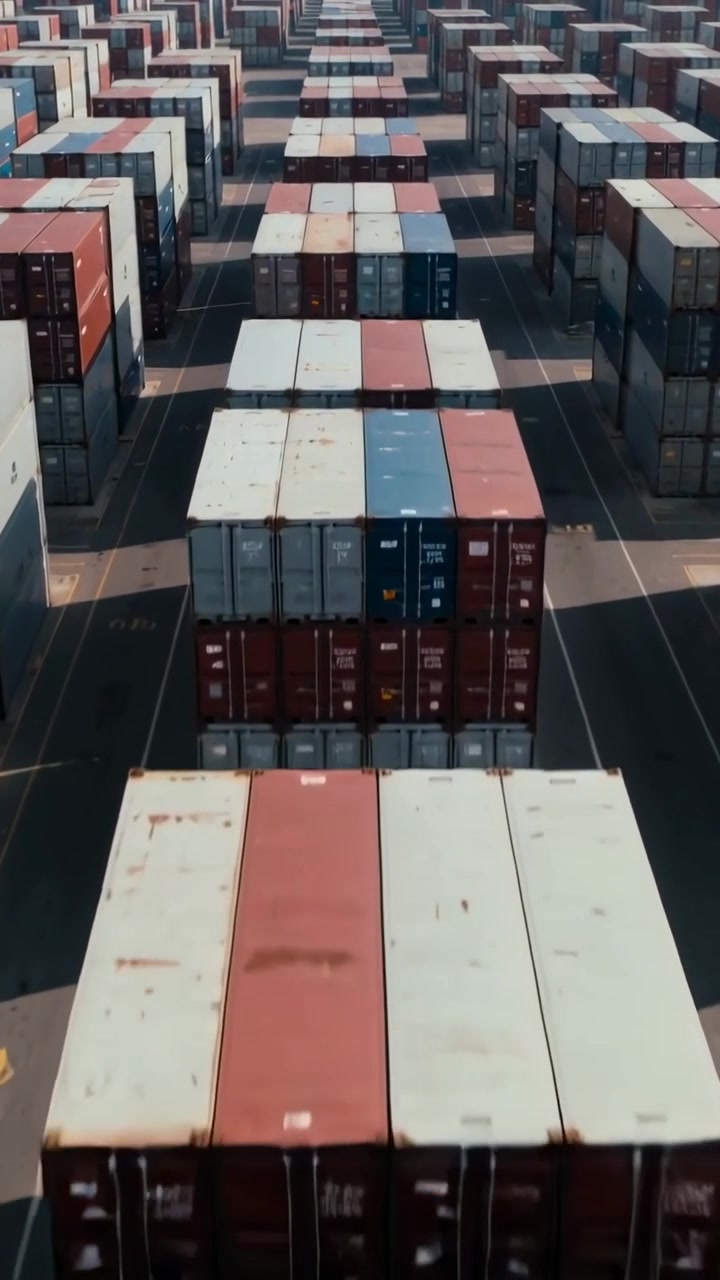 Vertical video: Camera moving toward stacked containers at terminal, showing rust patches, depth