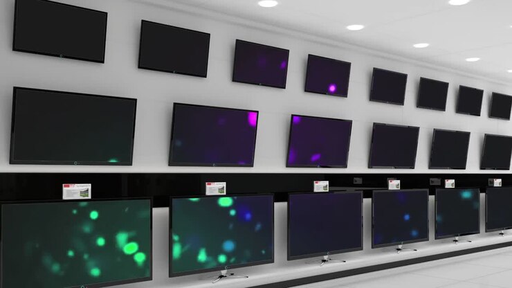 Animazione di file di televisori in un negozio con schermi luminosi e spazio per il testo