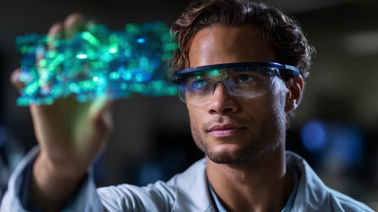 En fokuseret forsker inspicerer en lysende, holografisk projektion med præcision, der afslører indviklede detaljer og fremhæver avanceret teknologi i en laboratorieindstilling.