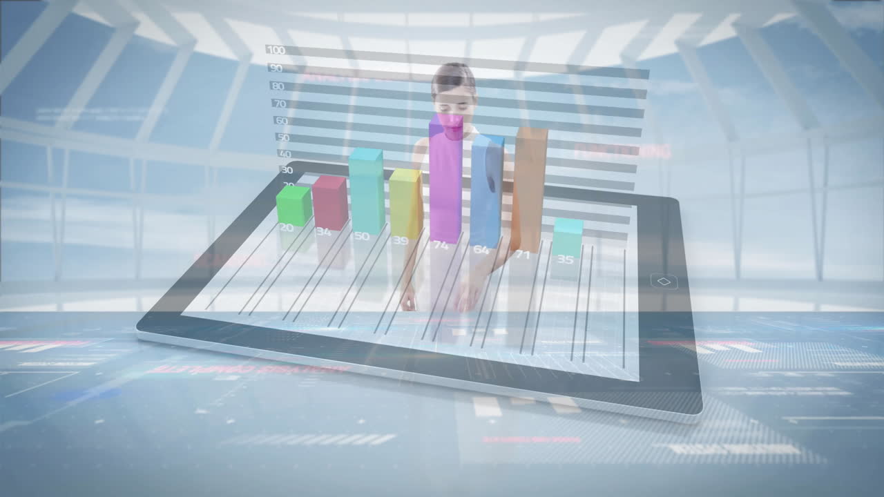 Bar graph animation over digital tablet with futuristic data interface