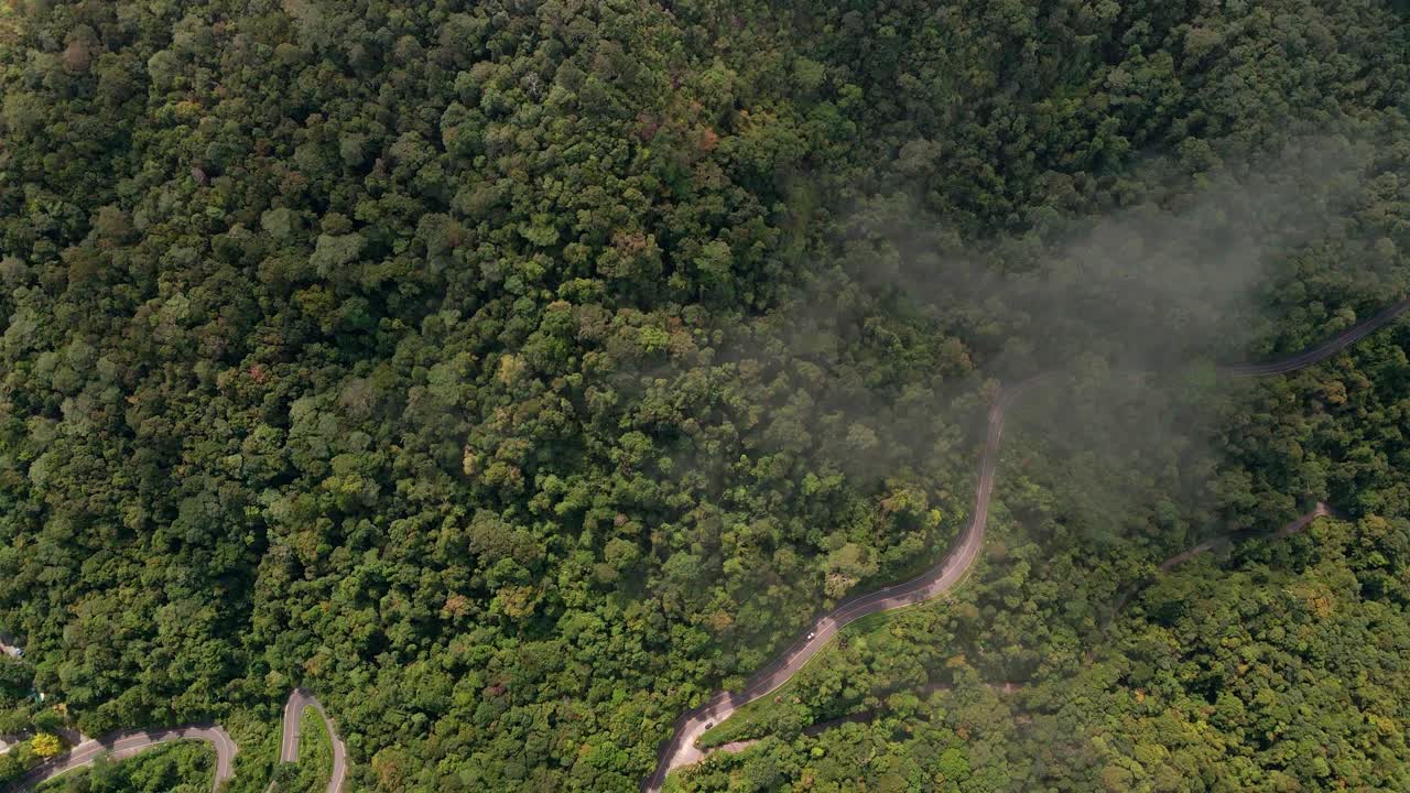 imágenes aéreas de la carretera rodeada de selva tropical y nubosidad