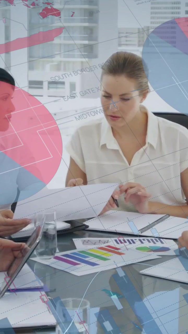 Animation of infographic interface moving over diverse colleagues discussing documents and reports