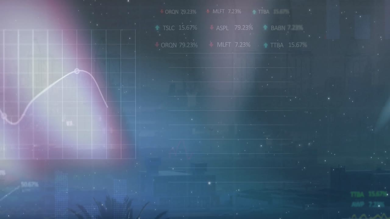Animation of spots of light over statistical and stock market data processing against cityscape
