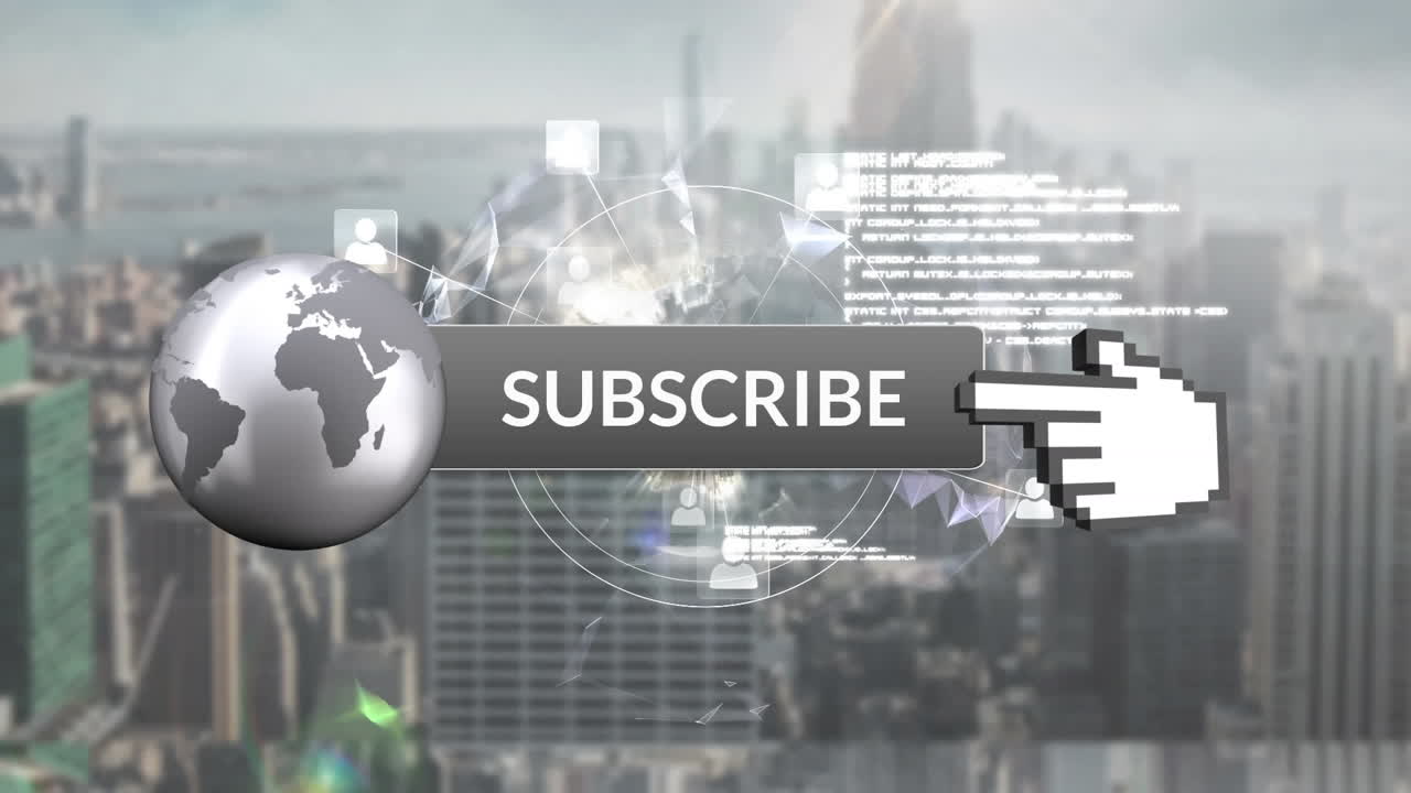 소셜 미디어를 가리키는 손으로 구독 버튼