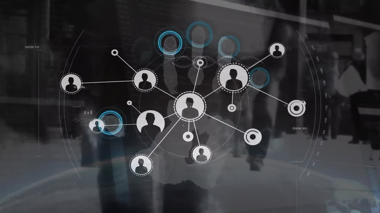 Animation of data processing and icons over people walking