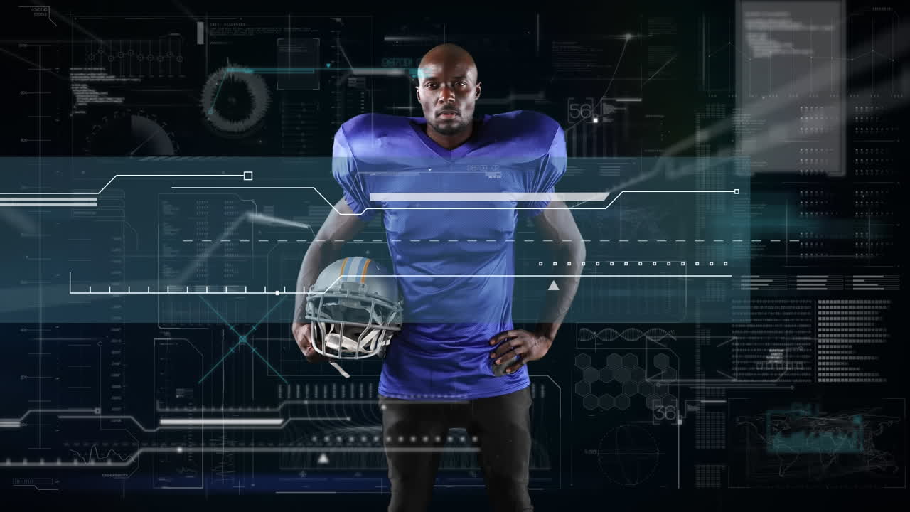 Animation of digital data processing over portrait of american football player