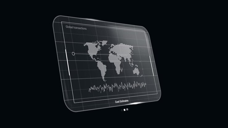 Animation of data processing on screen over black background