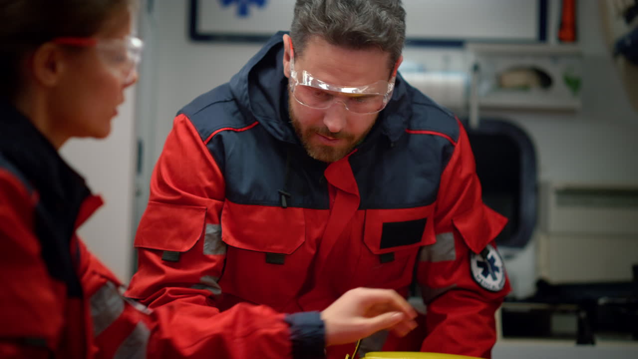 paramédicos preparando camilla para el cuidado de emergencia