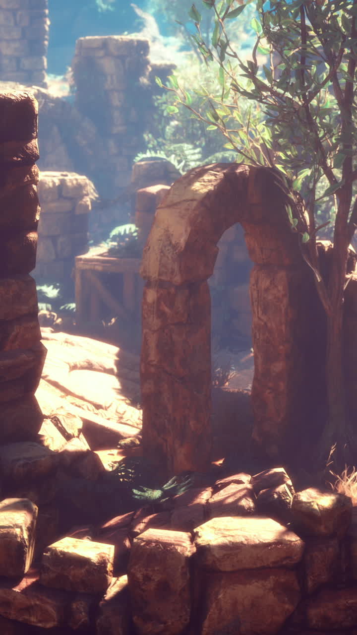 Ancient stone ruins surrounded by greenery in a serene sunlight setting