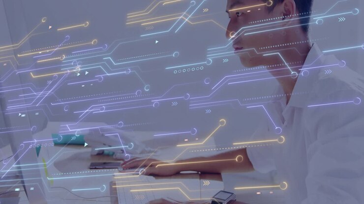 Man placing hands on laptop keyboard and activating hologram circuits for monitoring tech analytics