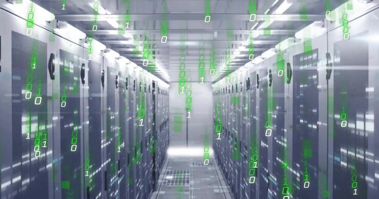 Rack indicator lights signaling data activation as binary digits streaming past server cabinets