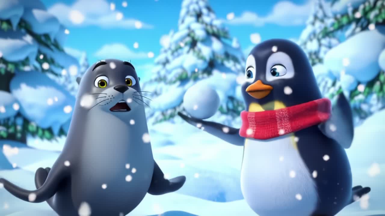 A Playful Interaction in a Winter Wonderland: An Animated Seal and Penguin Share a Joyous Moment in the Snow, Surrounded by Scenic Pine Trees