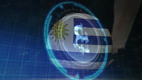 digital currency symbol on uruguayan flag with futuristic blue animation overlay