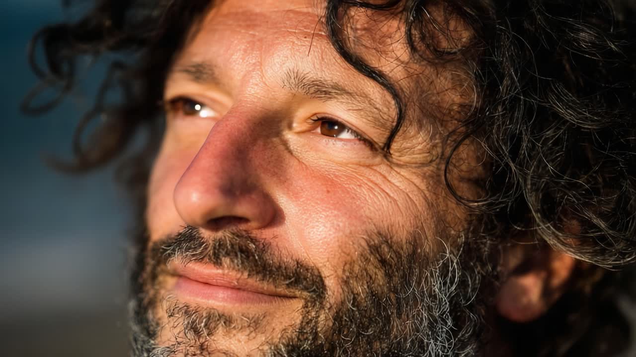 A Moment of Serenity: Capturing the Tranquil Expression of a Man with Curly Hair in Two Frames of Emotional Reflection and Joyful Contemplation