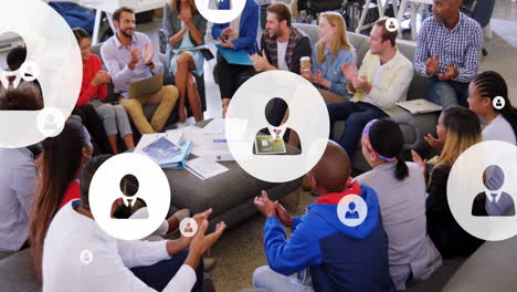 animation of profile icon in circles over diverse coworkers applauding after achieving target