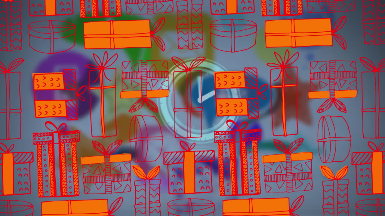 animación del reloj moviéndose sobre fondo azul con regalos