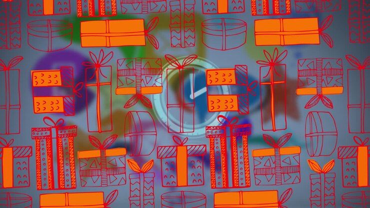 Animation of clock moving over blue background with presents