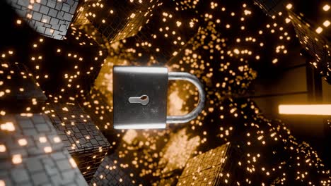 padlock floating among glowing digital cubes and yellow data grid blocks. 3d rendering. cybersecurity and data protection concept. design for banner, poster, wallpaper, and header. vertical