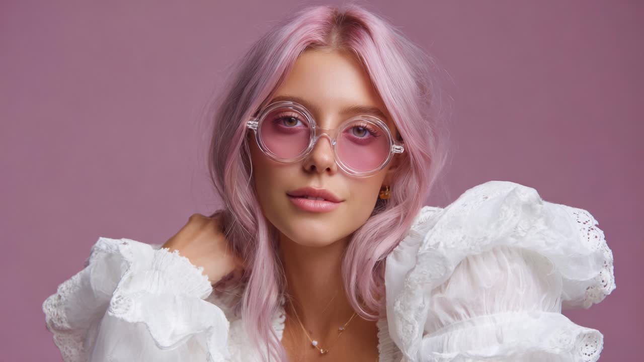 Un modello elegante con capelli rosa e occhiali da sole chic posa in modo raffinato su uno sfondo rosa tenue, mettendo in mostra le tendenze della moda e della bellezza