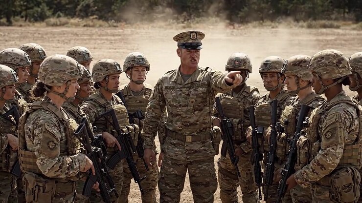 Una sequenza di addestramento militare: soldati si preparano ed eseguono esercitazioni sotto comando in un intenso ambiente esterno, con focus su lavoro di squadra e disciplina.
