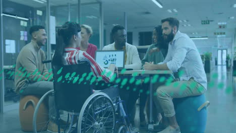 animation of financial data processing over diverse business people in office