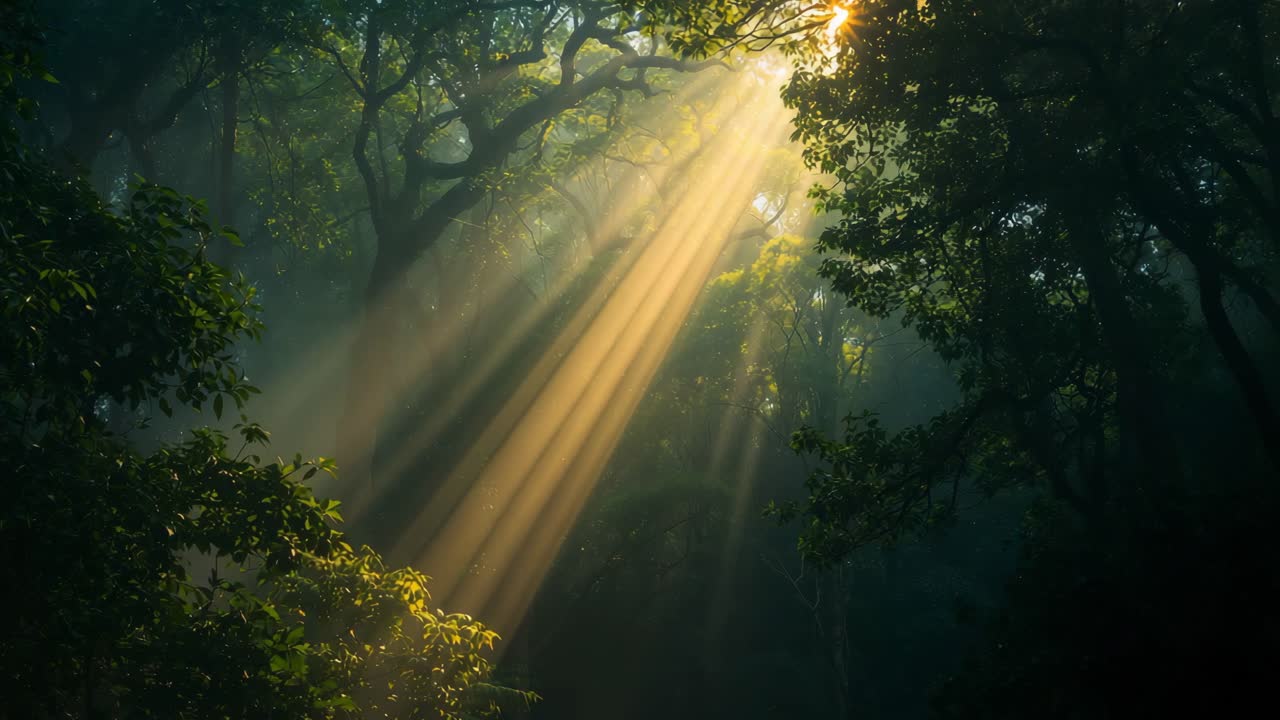 la luz del sol fluye a través de un bosque verde y exuberante.