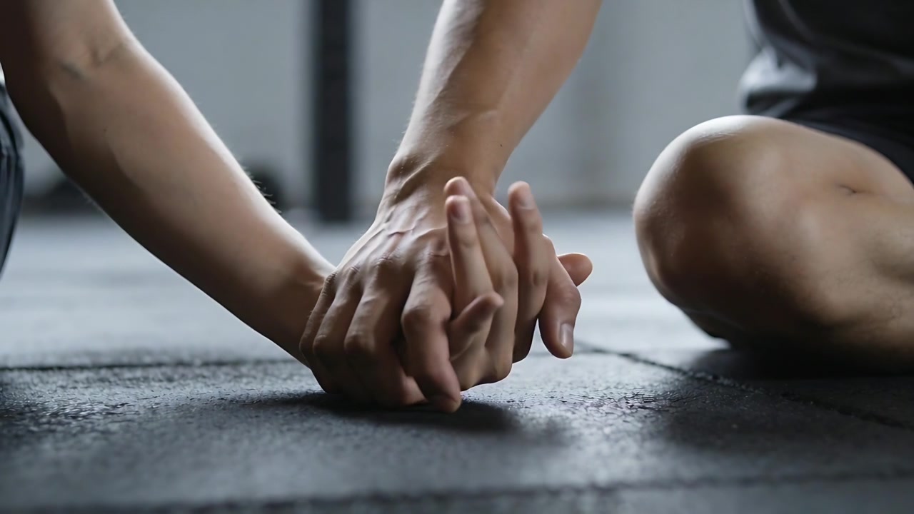 To partnere justerer sammenflettede hænder på gymnastikmåtte efter signal, mørke shorts, gensidig støtte