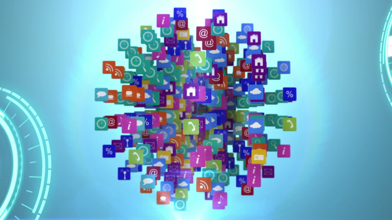 animación de la interfaz digital con iconos en fondo oscuro