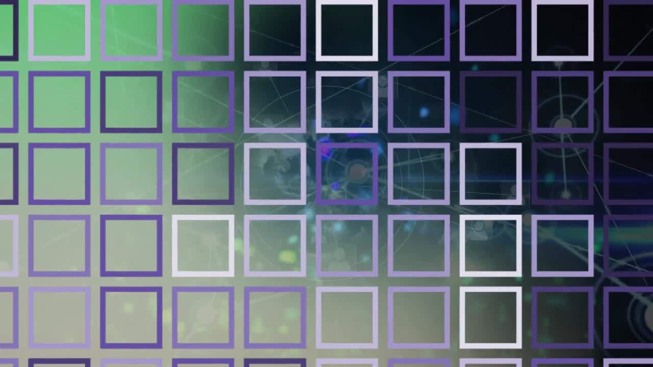 animación de cuadrados a través de una red de conexiones y una placa de circuitos informáticos