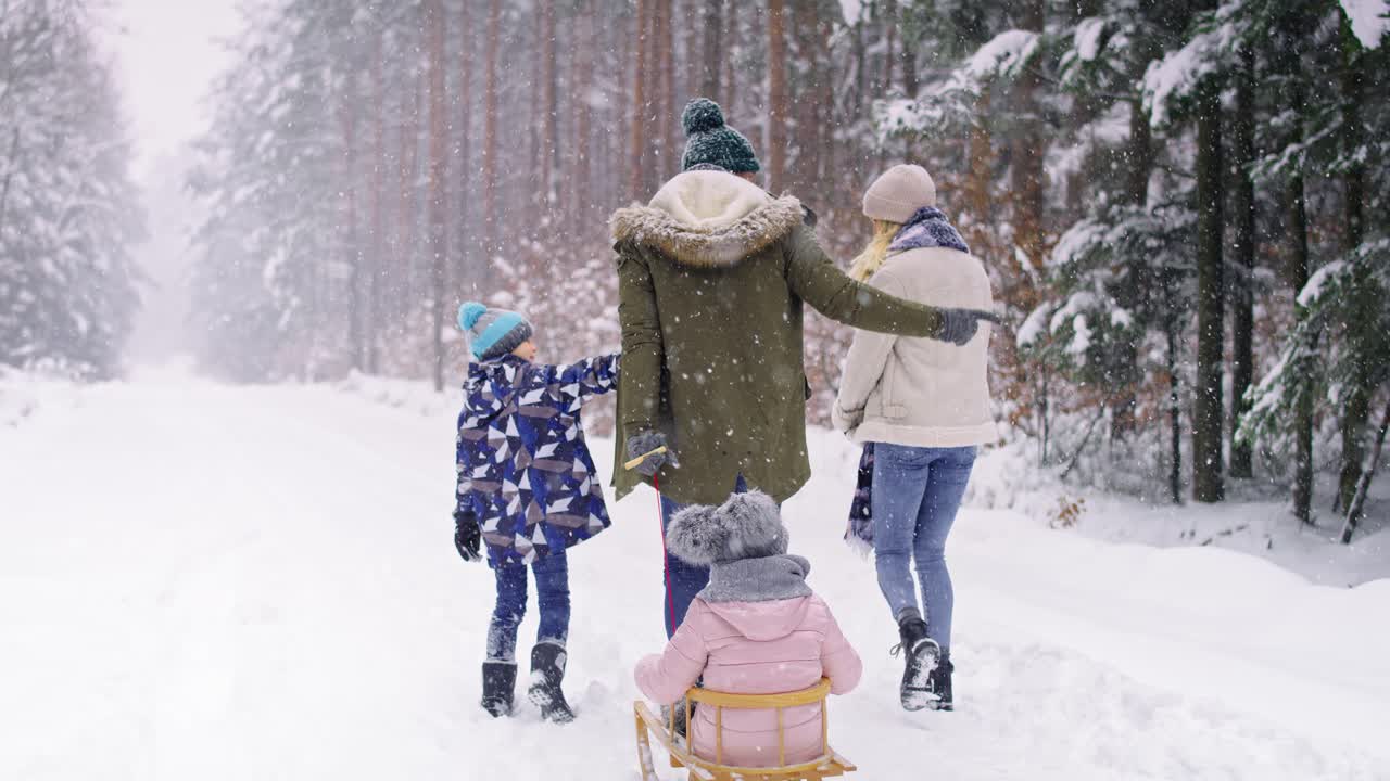 vista trasera de la familia caminando en el bosque de invierno