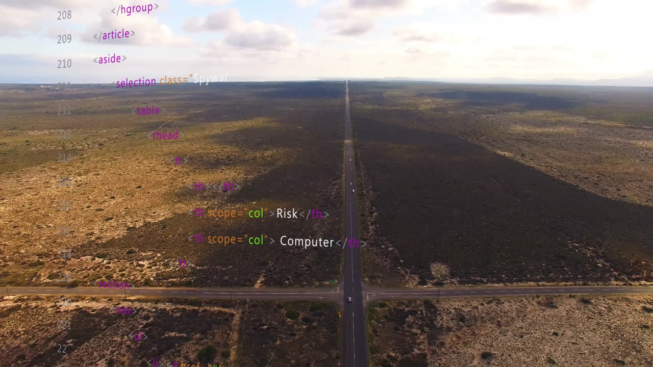 Creating animation, HTML code overlay on aerial road view through vast landscape